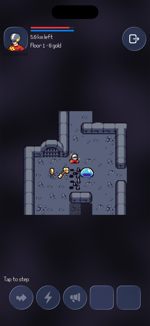 Run More One on an iPhone: the hero stands in a grey stone dungeon room on Floor 1 next to a blue slime, a golden key, a coin and a chasm in the floor. The status bar reads 5.0 km left.
