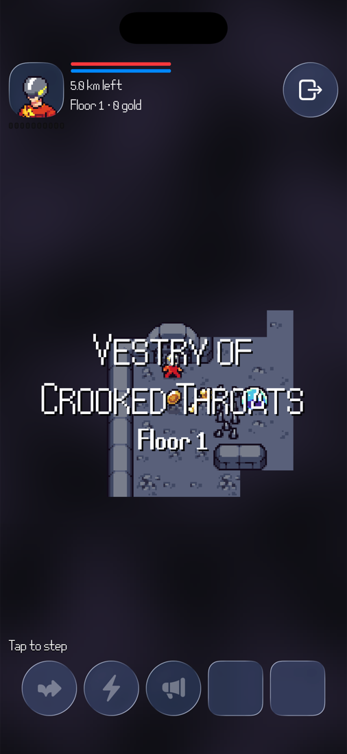 Entering the dungeon. The title Vestry of Crooked Throats, Floor 1, is drawn in pixel lettering over a small stone room with the hero standing just inside the entrance.