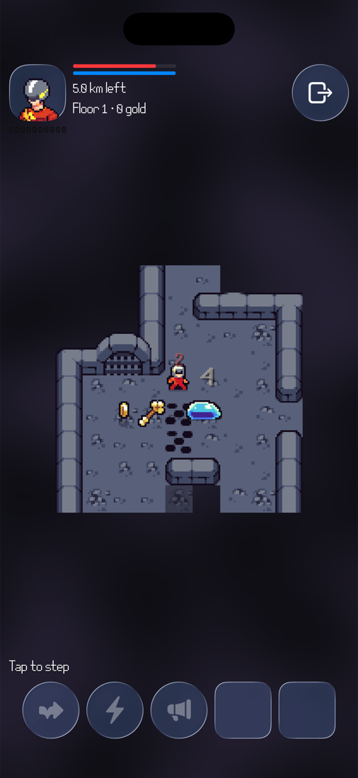 Combat on Floor 1. The hero strikes a blue slime; a red 2 floats over the hero and a grey 4 over the slime as damage numbers. The health bar at the top has dropped slightly.