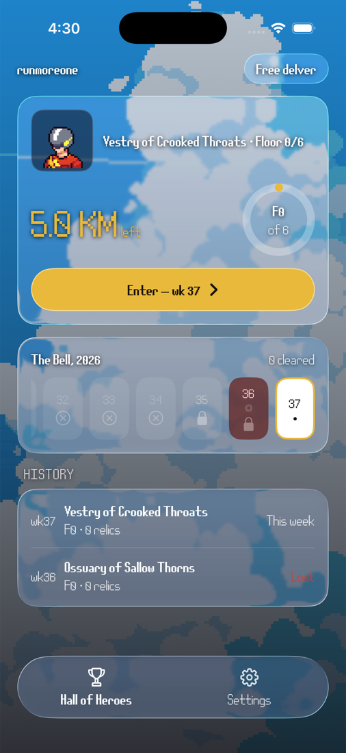 The home screen. A card shows the hero's portrait, the week's dungeon name, Vestry of Crooked Throats, 5.0 km left in large yellow digits, a ring reading floor 0 of 6, and a yellow Enter button for week 37. Below it, a row of week tiles and a history list.