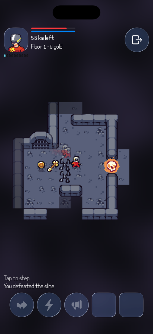A wider dungeon room. The slime is gone and the message log reads You defeated the slime. A flaming skull hovers in a doorway to the east; a key and a coin lie on the floor beside a chasm.
